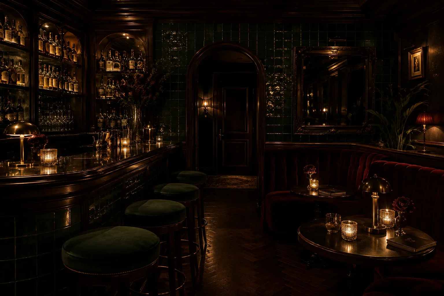 A quiet private bar after dark, candlelit and empty