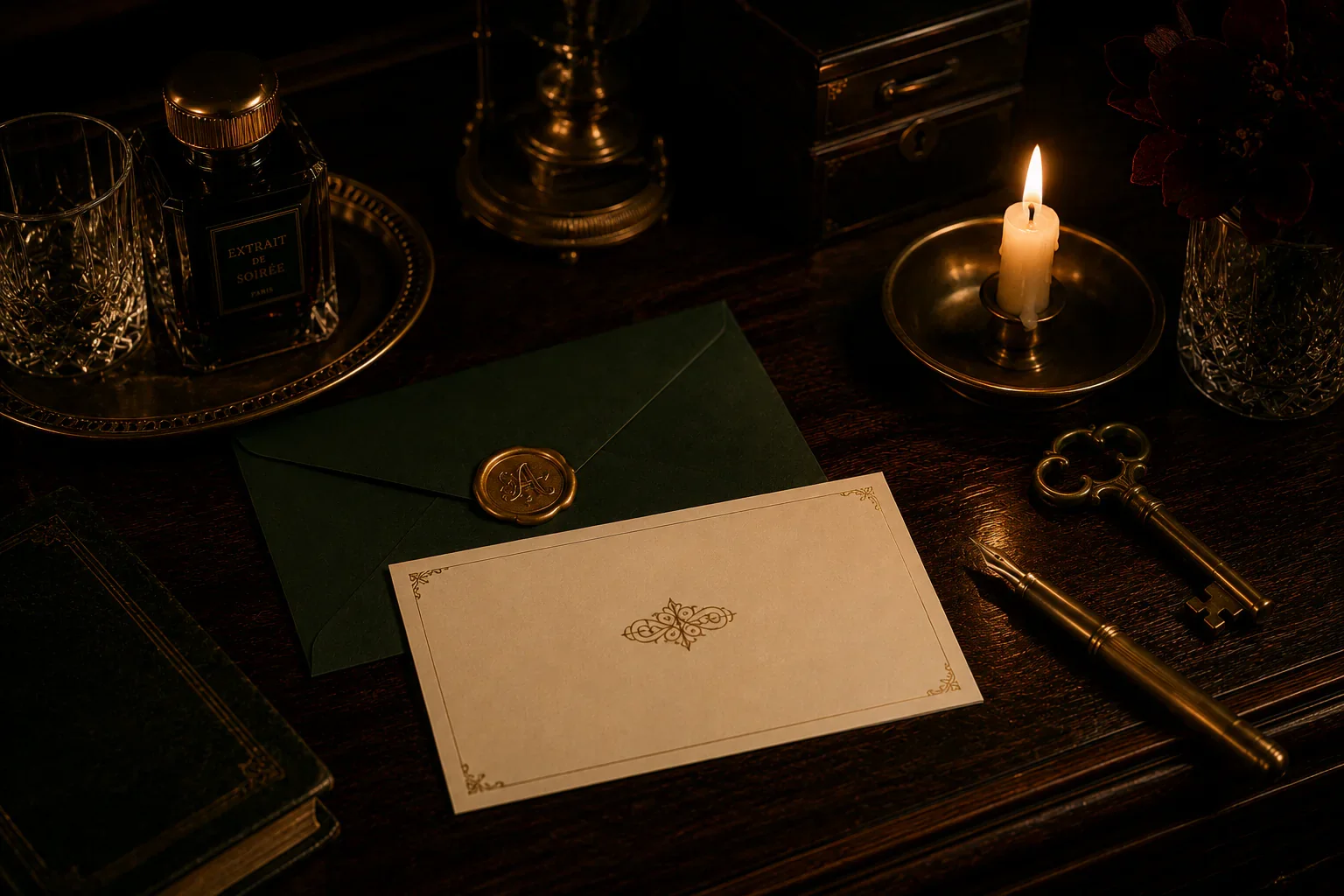 A sealed letter and a key resting on a dark surface